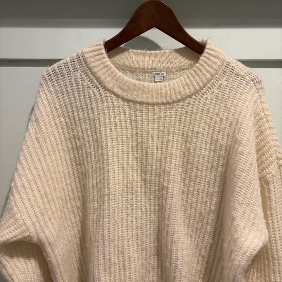 Aerie Sweater Womens Medium Cream Chunky Knit Ribbed Crewneck Wool Blend Cozy - Picture 3 of 11